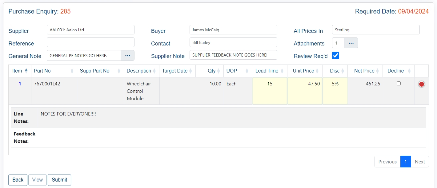 PE - Line Details (Showing Notes)